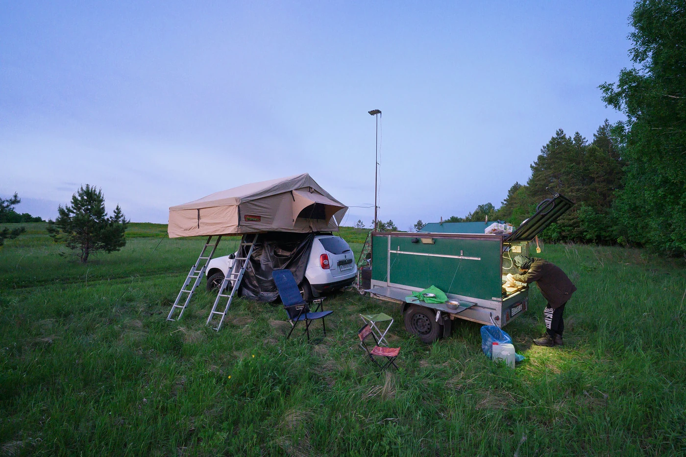 Mobile field basecamp in a mountain river valley