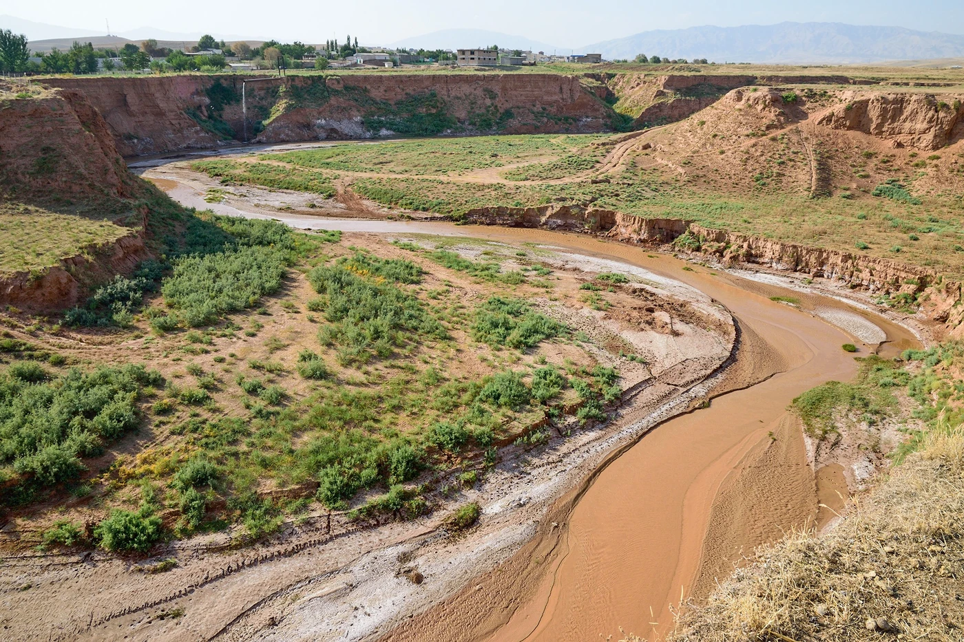 River channel cutting through an eroded Central Asian landscape